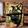 Halloween Flannel Throw Blanket Black Cat Witch Pumpkin Cozy Napping Home Decor