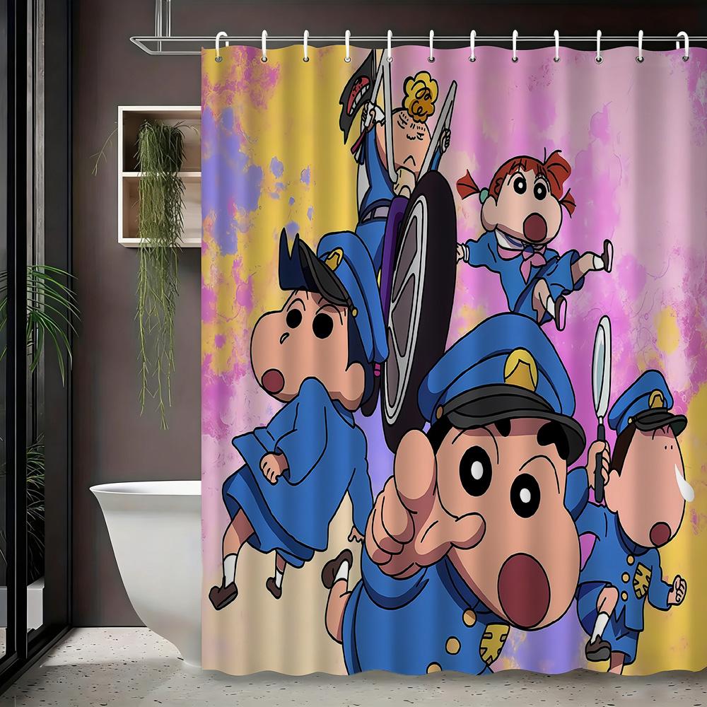 Crayon Shin-chan & Friends with Shiro 2D Print Waterproof Shower Curtain, Green Anime Bathroom Decor with Hooks