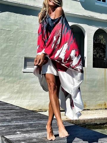 2026 European and American independent station spring new slanted shoulder casual sexy beach vacation big pendulum digital printing dress S красный