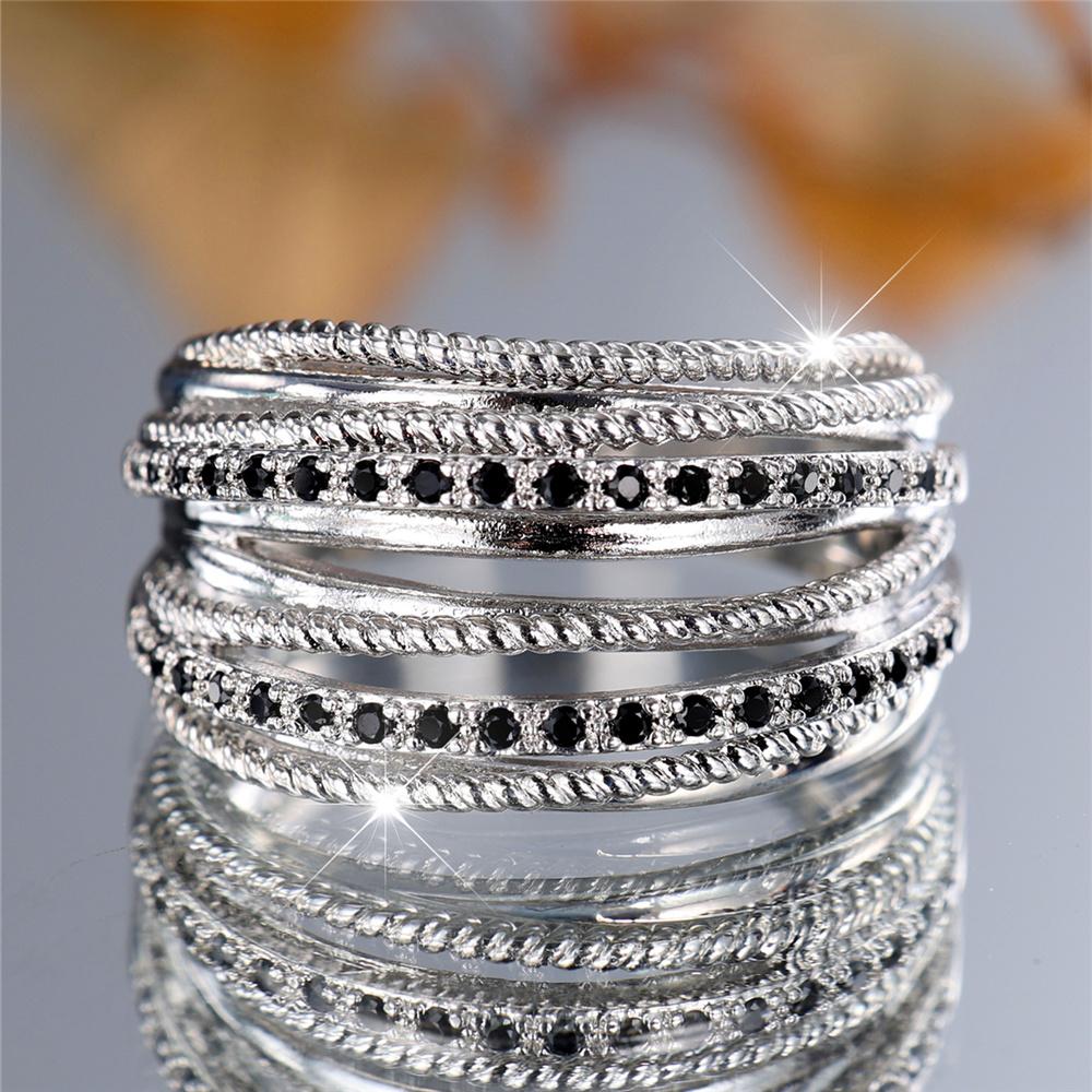 Charm Female Small Black Zircon Stone Finger Engagement Ring Vintage Silver Color Wedding Band Bridal Jewelry For Women