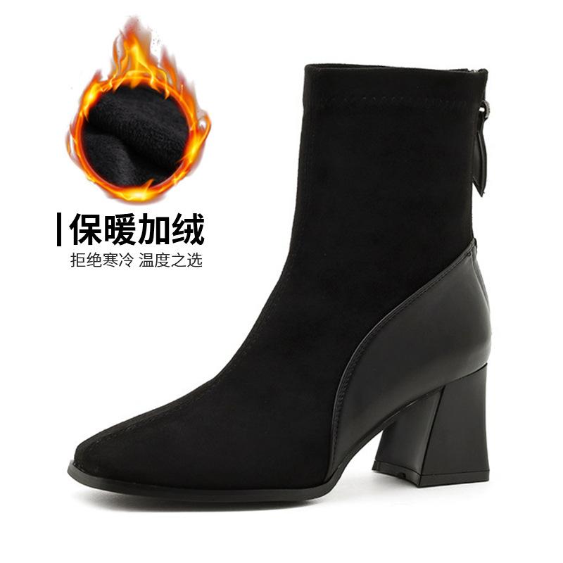 Korean version of square head suede short boots children's 2024 autumn and winter new British style thick heel short boots rear zipper boots women