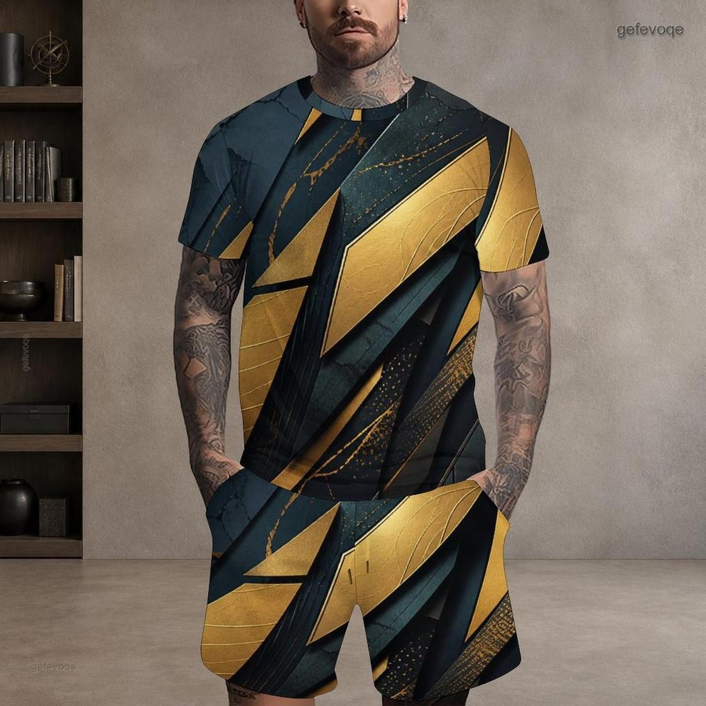 Men s Plus Size Dark Green Gold Printed Round Neck Short Sleeve Top And Shorts Two Piece Set