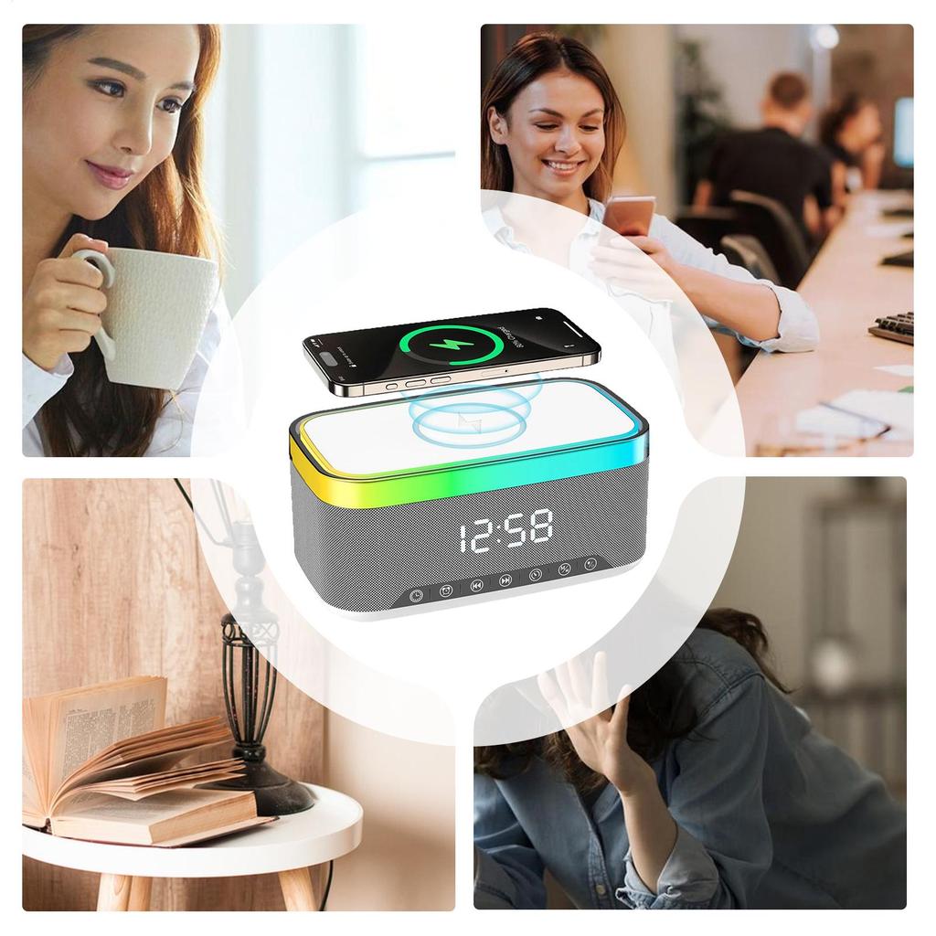 Alarm Clock Wireless Charger Ambient Lighting Speaker Digital Wireless Charging Speaker For Bedside Bedroom Night Time Home