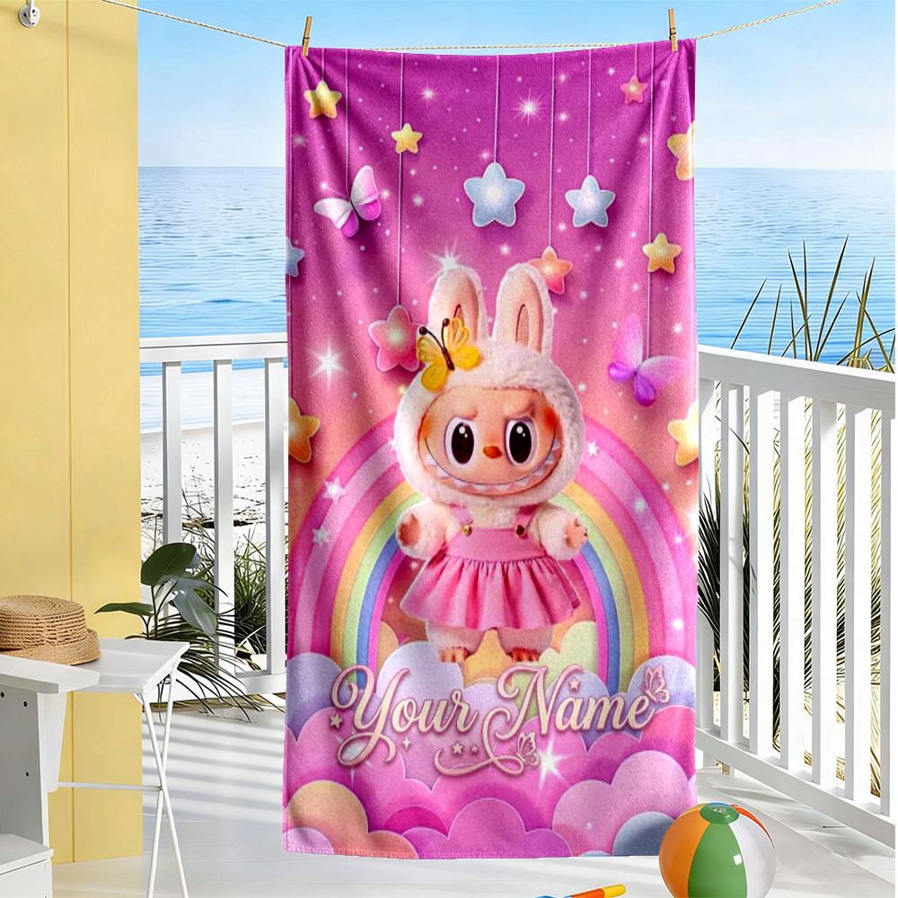 Labubu Customize Text Beach Towel Super Soft Microfiber Quickdry Fabric Perfect for Traveling Yoga Camping and Swimming