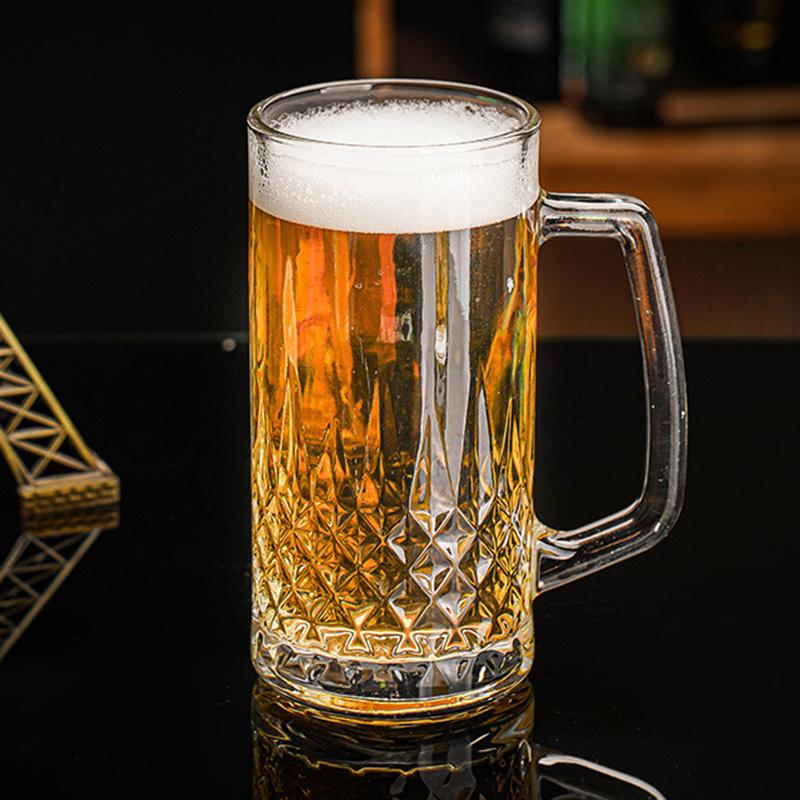 550ml Transparent Beer Cup Bar Craft Beer Glass Creative Drinkware Diamond Carved Wine Glass Thick Bottomed Tea Mug with Handle