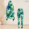 Women Plus Size 2 Piece Outfit Hooded Long Sleeve Tropical Leaf Printed High Low Top Fitted Pants