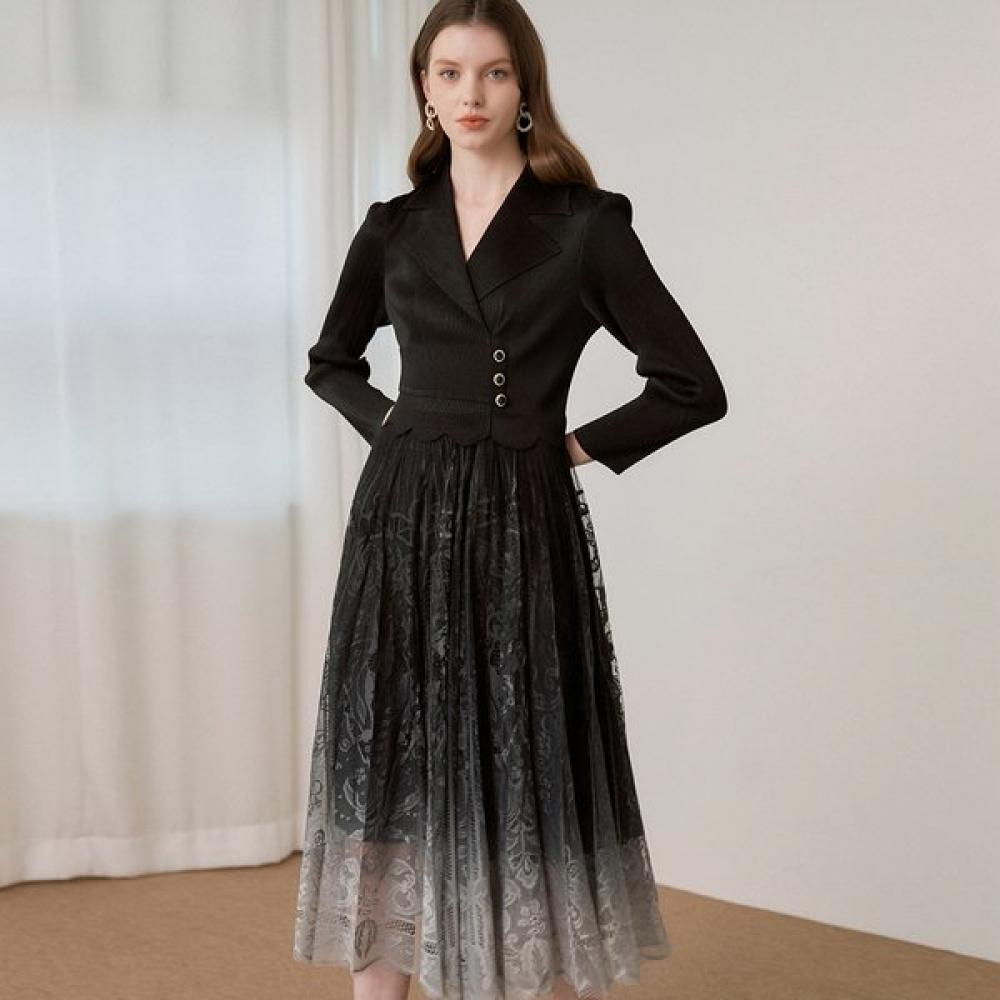 

Maxza Pleated Collar Gradient Lace Long Dress Zb05qp003 blacks/FREE