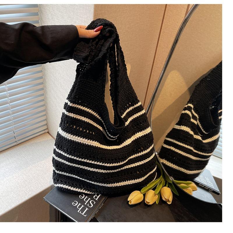 

Новая хлопковая нить большой вместимости полосатая сумка-тоут через плечо модная и простая вязаная сумка пляжная сумка для отпуска чёрный