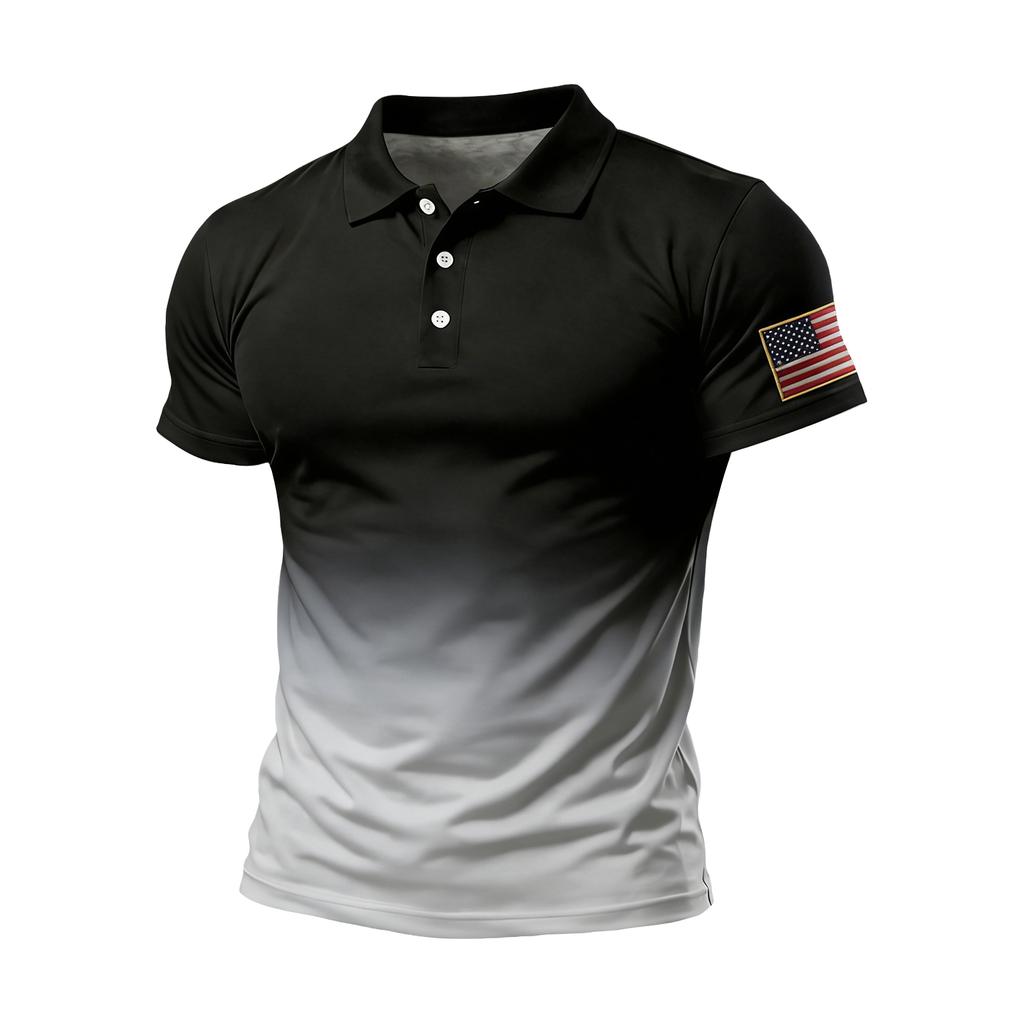 Men Short Sleeve Polo Shirt Gradient Design Button Up Flag Patch Classic Fit Comfortable Top