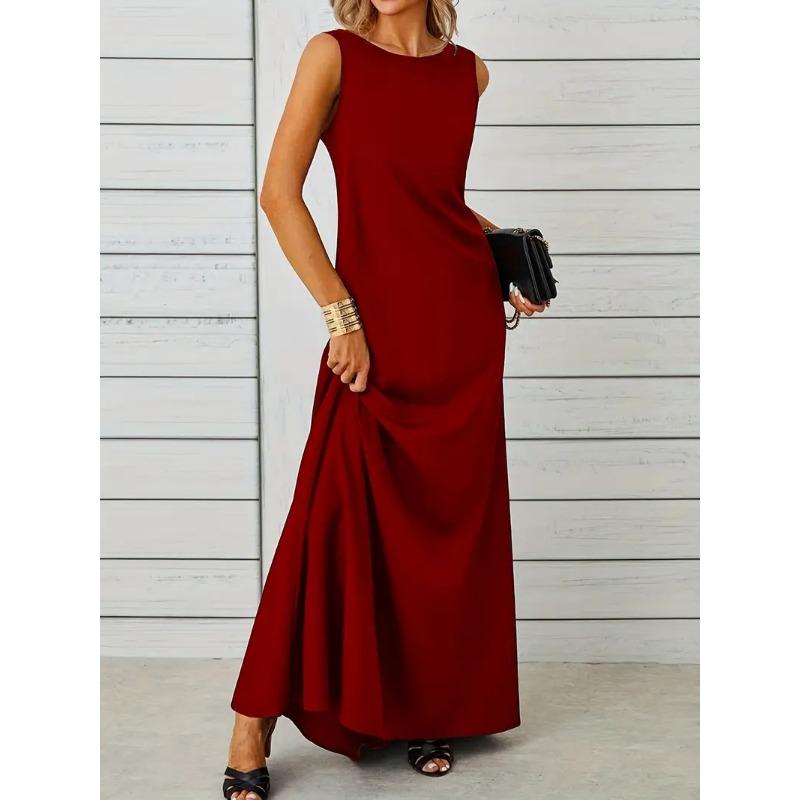Spring and Summer Elegant and Pure-colored Round-neck Short-sleeved Resort-style Women's Dresses