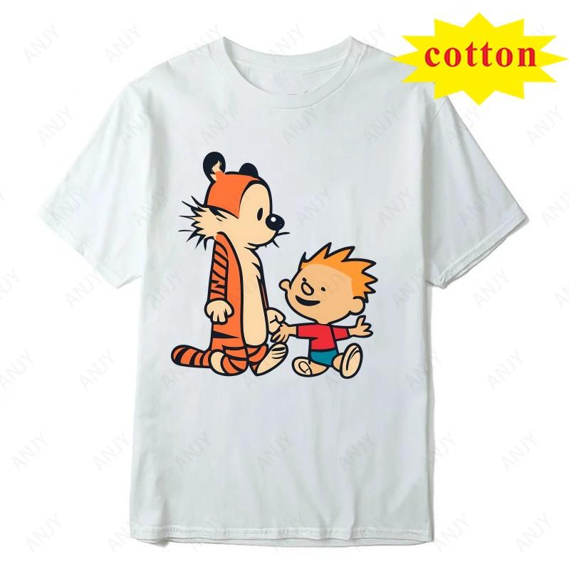 Calvin And Hobbs Tiger Hug Printed Tshirt American Retro Comic Unisexs And Unisexs Short Sleeve Shirt