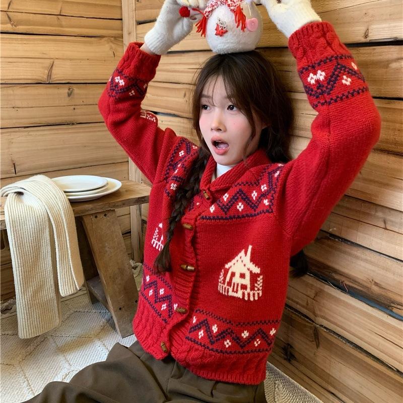 New Fair Island women's autumn clothes retro sweater horn buckle jacket autumn top women's design knitted cardigan