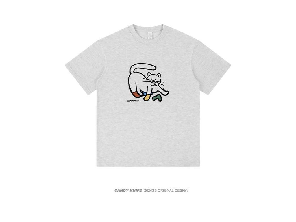 Damen T-Shirt mit japanischem Kätzchen-Print - Reine Baumwolle, Kurzarm, Niedlich und locker geschnitten mit Rundhalsausschnitt