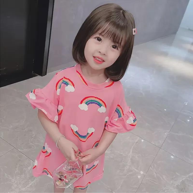 2021 Korean Rainbow T-Shirt Dress for Girls - Cute Summer Mid-Length Skirt