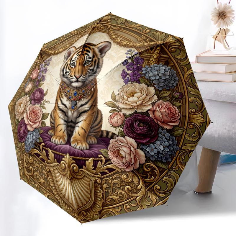 1pc Sturdy 8-Bone Auto Umbrella, Bold Striking Tiger Umbrella, Digital Printed, Foldable Umbrella for On-the-Go Outdoor Use