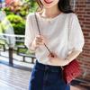 2025 Sommar Koreansk Mode Dam Långärmad Lös Skjorta Broderi Bomull Spets O-hals Casual Blusar Kläder 13440