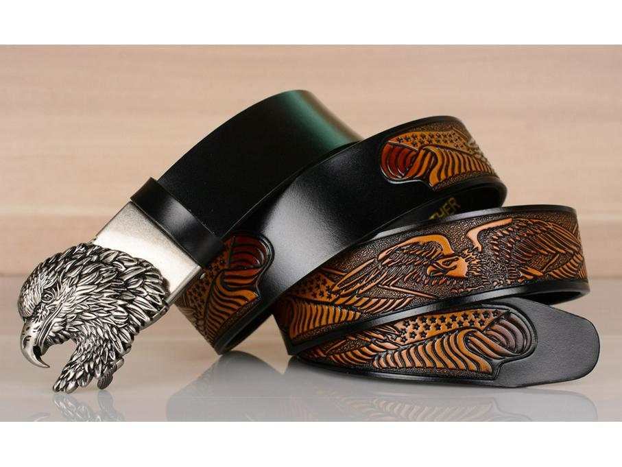 Eagle Embossed Cowhide Leather Belt with Automatic Buckle