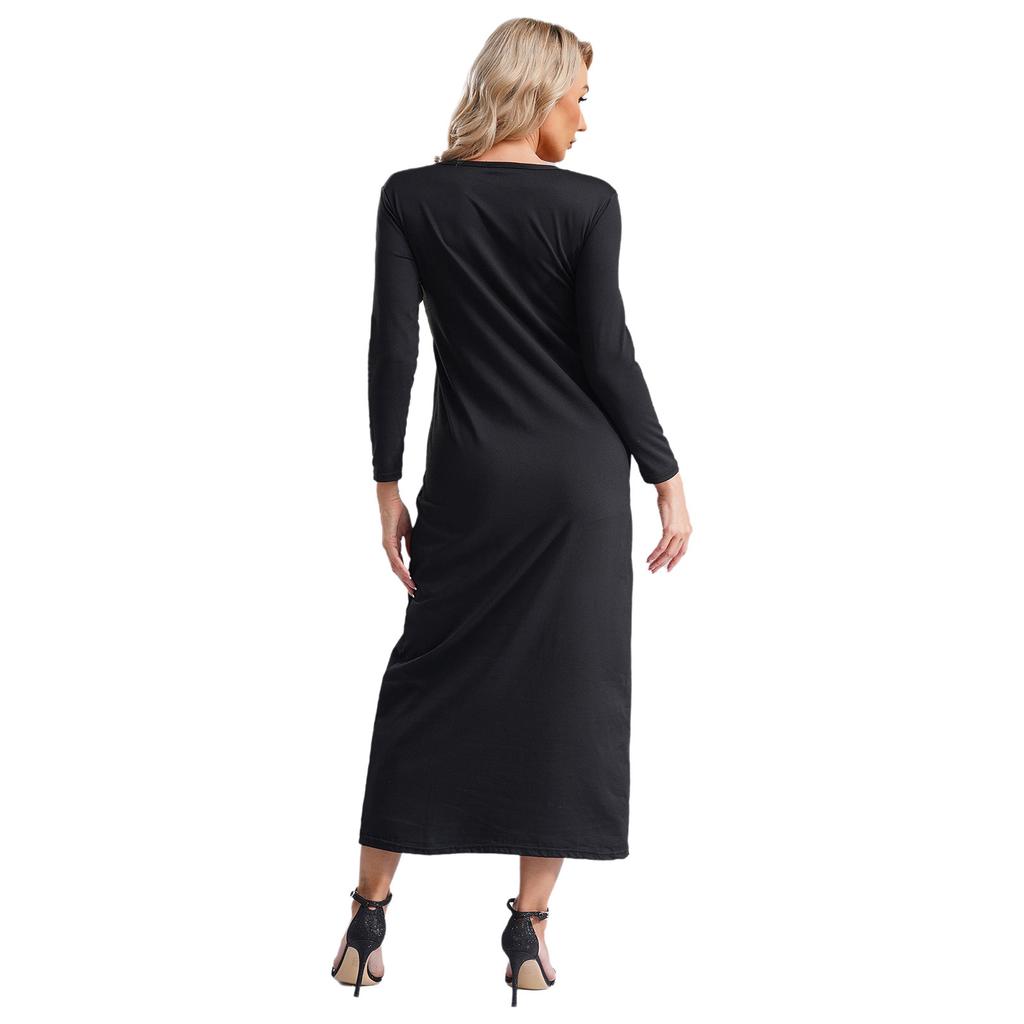 Damen Unifarbene Islamische Arabische Kleider Rundhalsausschnitt Langarm Muslimische Gebets-Langgewänder Locker Basic-Kleid für Freizeitkleidung