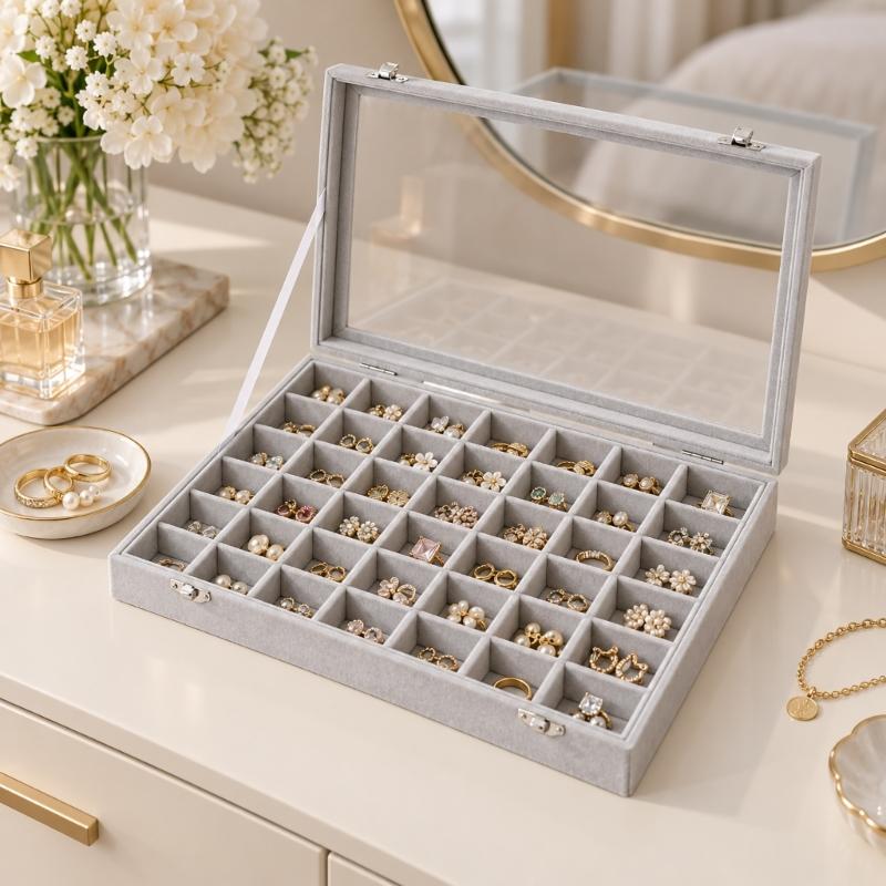 Soft-Lined Jewelry Storage Tray with 48 Sections, Adjustable Dividers, and Clear Cover for Dresser or Drawer Storage