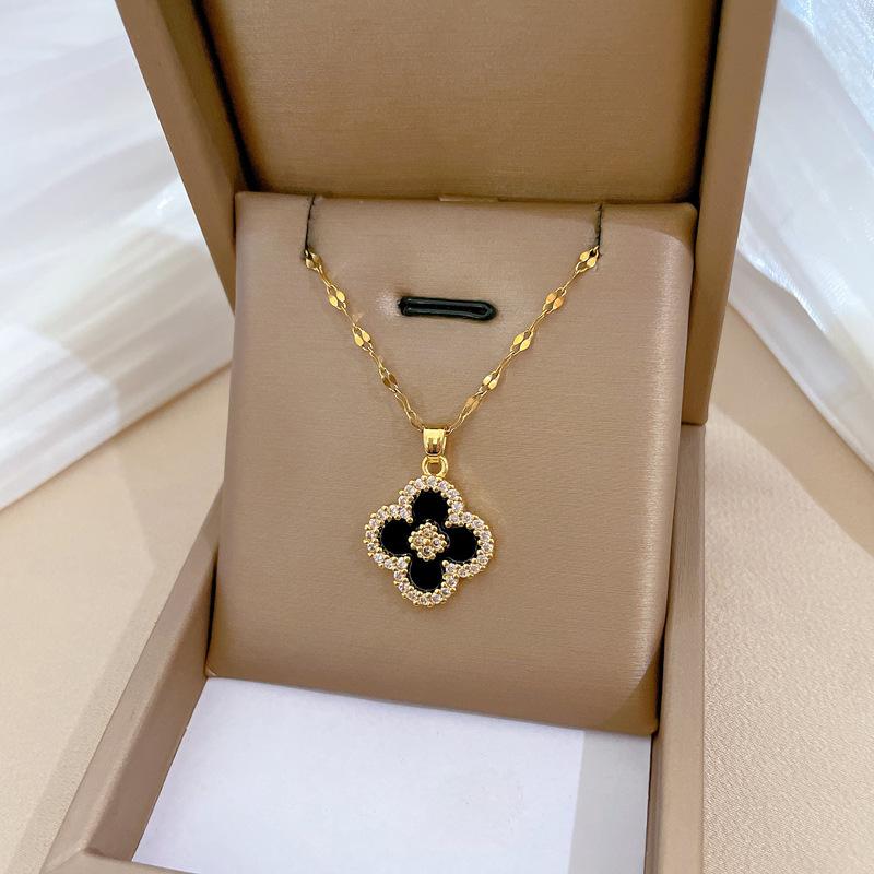 Clover Flower Light Luxury Temperament Gorgeous Full Diamond Necklace Female Versatile Collarbone Chain Titanium Steel Chain