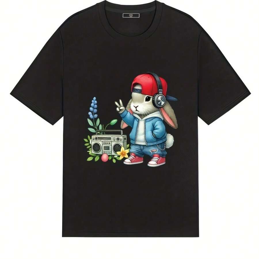 A UnisexS Summer Casual Printed TShirt With Cute Cartoon Rabbit Radio And Flower Pattern Print Round S