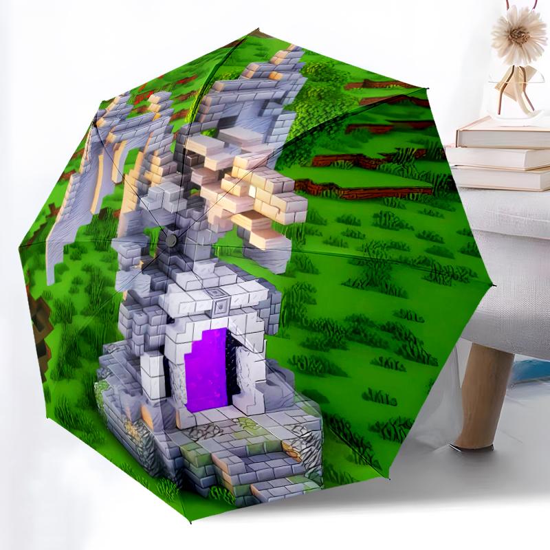 Minecraft5 Print Automatic Umbrella, 8 Rib Iron Frame, Plastic Handle, Suitable for Outdoor Travel &Daily , Ideal Gift