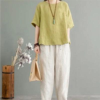 Women's Round Neck Short Sleeve Embroidered Tunic Top Loose Fit Casual Vintage Blouse