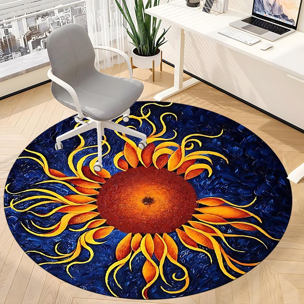 1 Stück Sonnenblumen-Kunstwerk Teppich für Büro, Rutschfest, Runder Teppich, Weich & Bequem, Teppich für Büro, Leichte Runde Bodenmatte