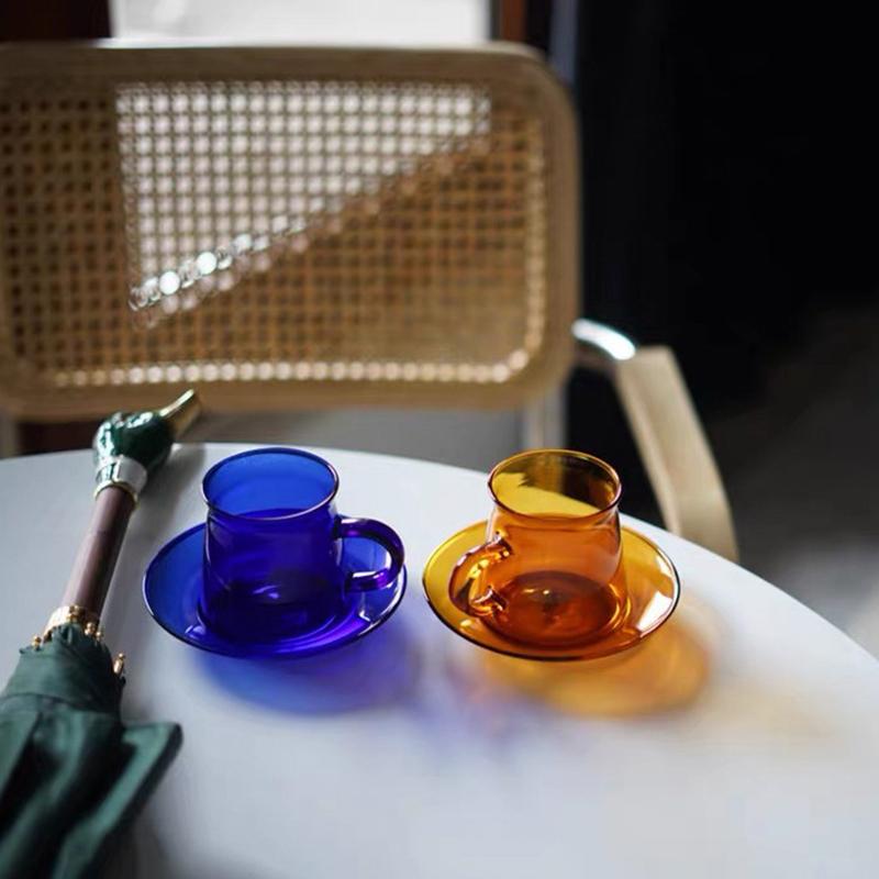 Retro 220ml  Classic Simple Glass Tea Cup  Saucer Set Coffee Cup Set  Colorful Heat Resistant Drink Ware