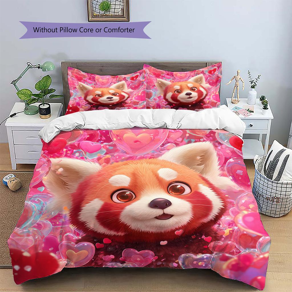 Pink Red Panda Pattern Bedding Home Decoration Birthday Gift (1 * duvet cover + 2 * pillowcase, without core)