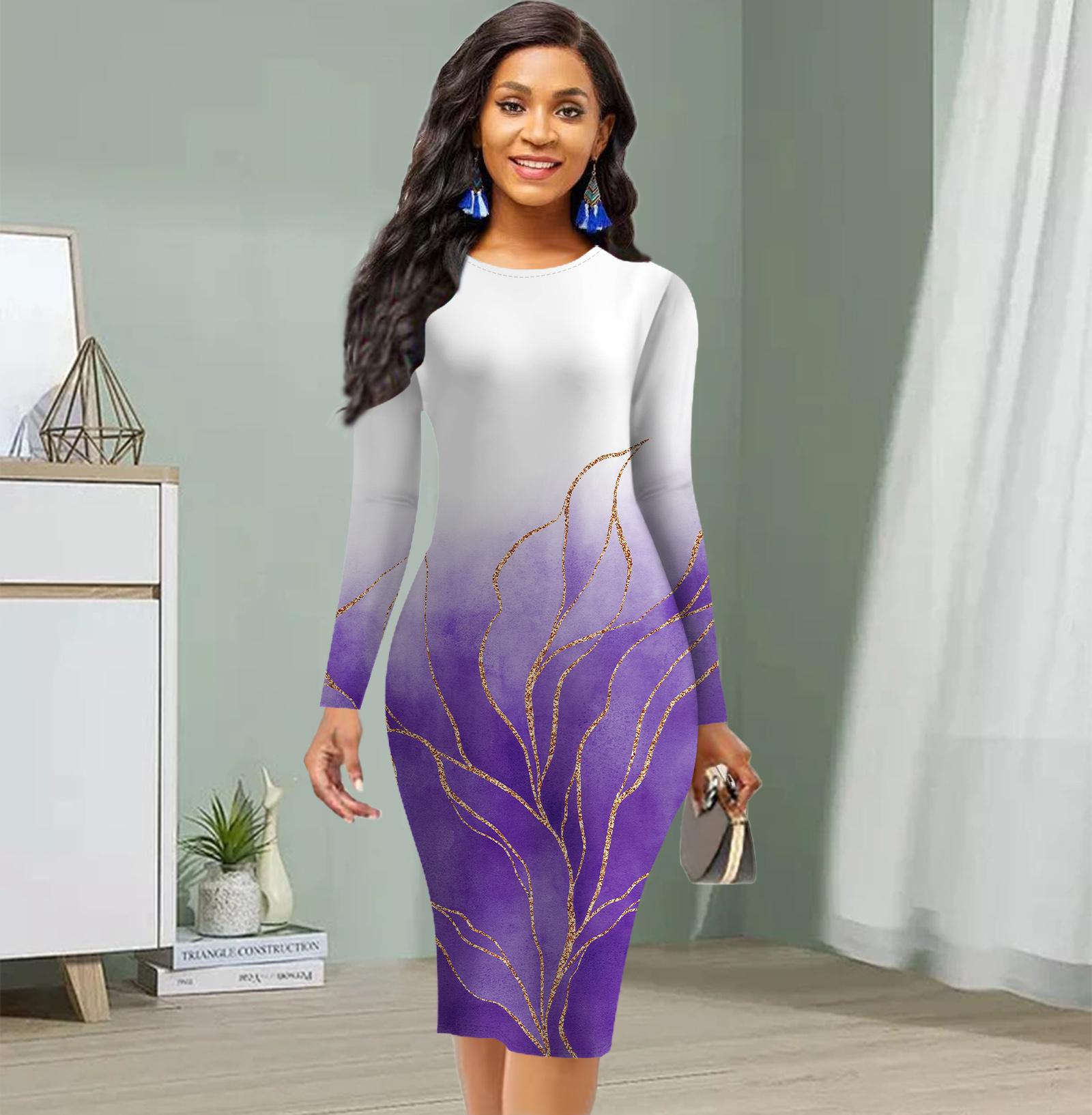 

Длинный рукав, облегающее, офисное, облегающее, с золотистым краем, с принтом листьев, элегантное облегающее платье 5XL фиолетовый