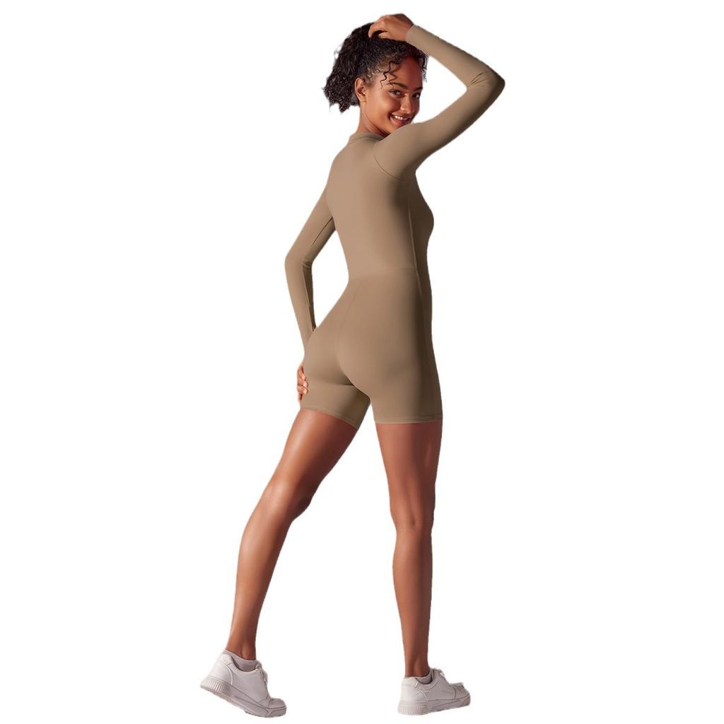 Half Open Collar Zipper Jumpsuit For Fitness, Sporty, Sexy, Tight Fitting Jumpsuit, Brushed, Nude, Skin Friendly Yoga Suit For Women