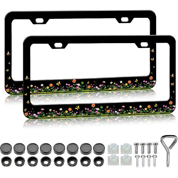 HCSS Blue Hibiscus Flower License Plate Frames - 2 Pack Tropical Hawaii Floral License Plate Holder, Aluminum Metal Rust-Proof Waterproof Car