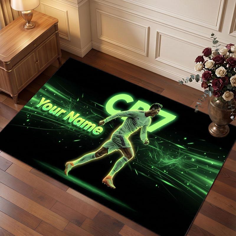 Cristiano Ronaldo Custom Crystal Velvet Rug, Personalized Name Text Print, Football Logo Soft Non‑Slip Floor Mat Home Decor Gift
