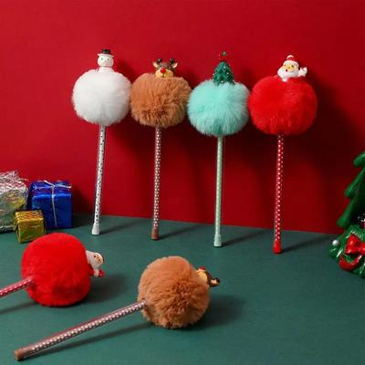 1Pc Cartoon Christmas Fluffy Ball Ballpoint Pen Cute Students Gel Writing Accessories Lovely Pens for Teacher