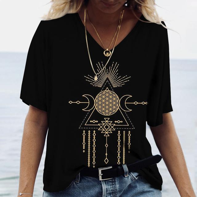 2023 Women's V-neck T-shirt Street Ancient Egyptian Ethnic Costume Print Women's Top Short Sleeve Casual Fashion Women Clothing