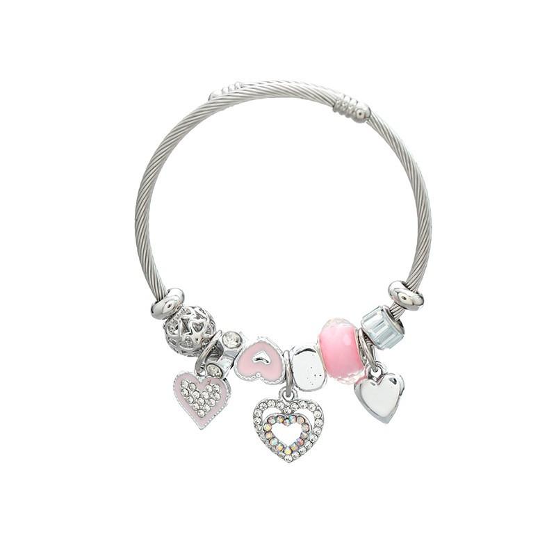 Womens Geometric Heart Charm Bracelet With Rhinestone Accents Alloy Adjustable Bangle Couples Gift 67 Pink