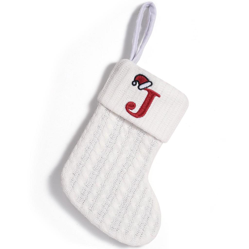 Cross-Border White Knitted Christmas Stocking with Letter Embroidery – Decorative Gift Bag Ornament.