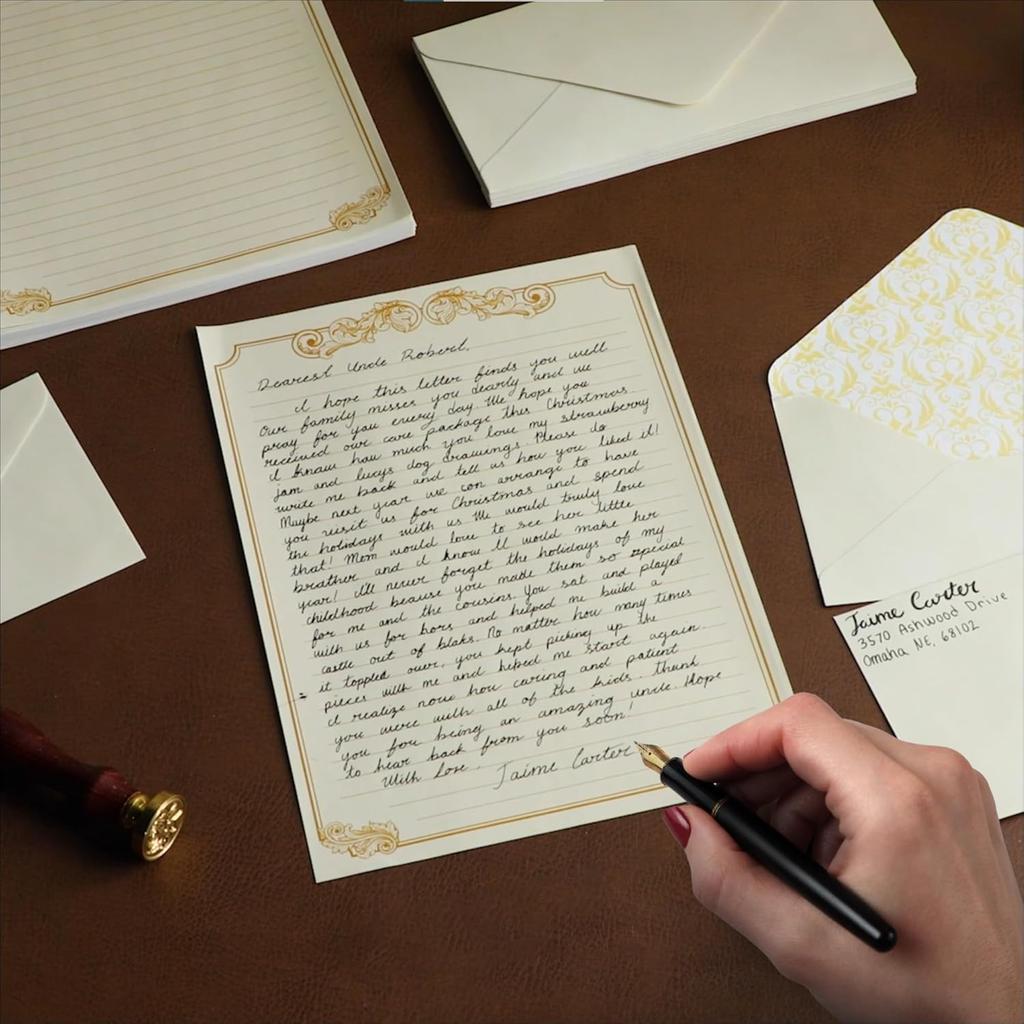 Paper Junkie Letter Paper & Envelopes Set - 60 Sheets (7.2 x 10.2 In) & 30 Ivory Envelopes (4 x 7.7 in), Gold Border, 100 GSM - Vintage Lined