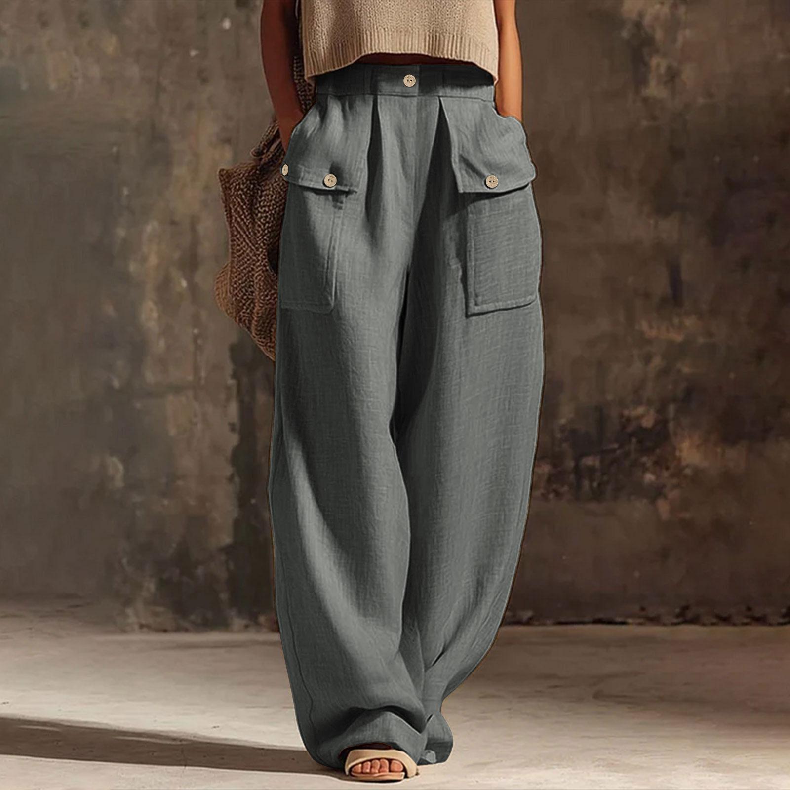 

Women’s Casual Wide Leg Pants with Buttoned Pockets Cotton Linen Relaxed Fit Trousers for Everyday Wear Office Travel Lounge XXL