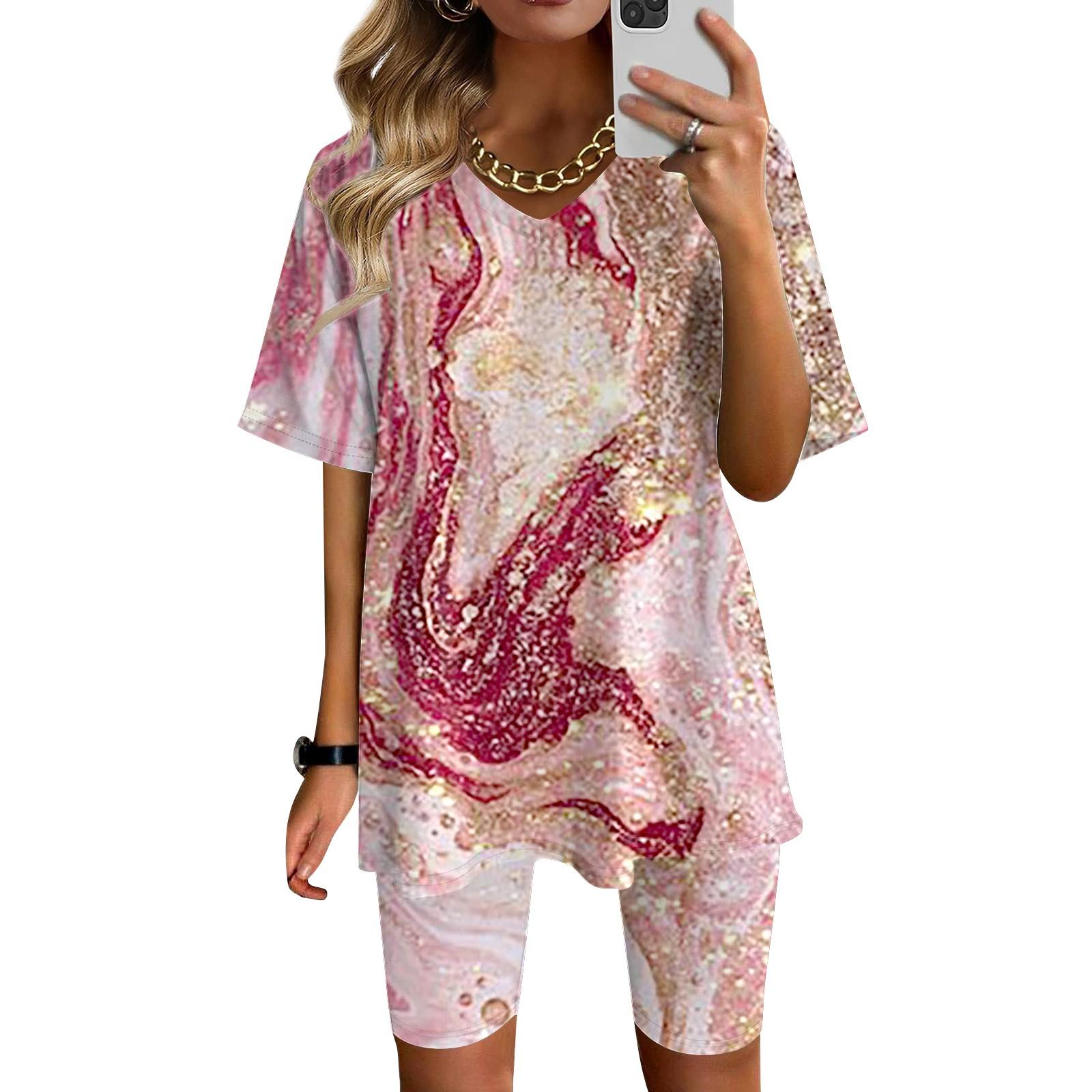 

Женская одежда для дома, комплект из двух предметов для женщин, летняя футболка с v-образным вырезом, топы, шорты, спортивный спортивный костюм для тренировок S розовый