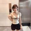 Square Neck Lace Edge Short Sleeve T-Shirt Women's Slim Waist Short Apricot French Pure Desire Sweet Spice Girl Top Ins Tide