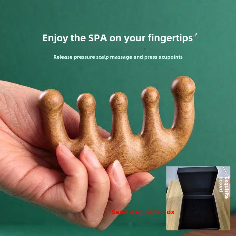 One Piece Gold Sandalwood Five-Tooth Massage Comb for Head and Meridian Stimulation.