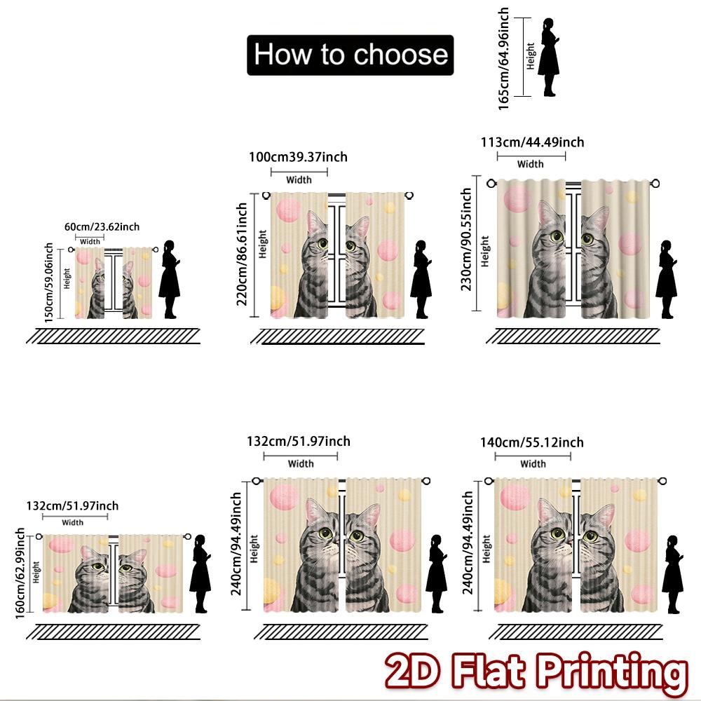2D flat printing 2pcs Window Drapes Cute Cat Face Yarn Balls Digital Printed Polyester Drapes Holiday Decorations Perfect for