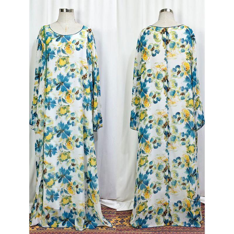 Middle East Plus size women clothing Robe Fashion Beads Chiffon Printing Loose Casual Flare Sleeve Jumpsuit DRESS