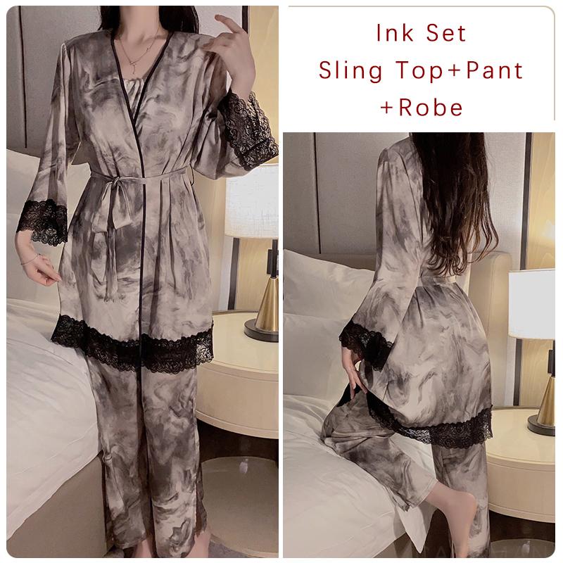 Ink Sexy Pajama Set for Women Printed Ice Silk Halter Top Slit Trousers Lace Women's Pajama Set