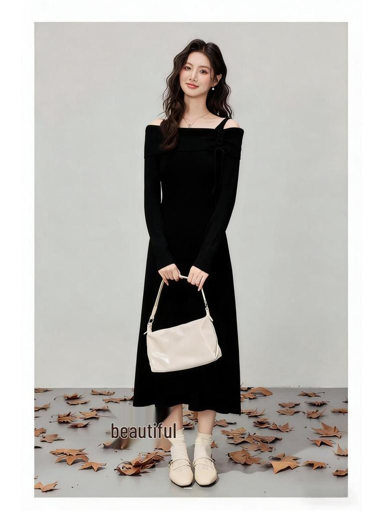Korean Style Autumn Winter Knit Cinched Waist Slimming Long Dress for Ladies