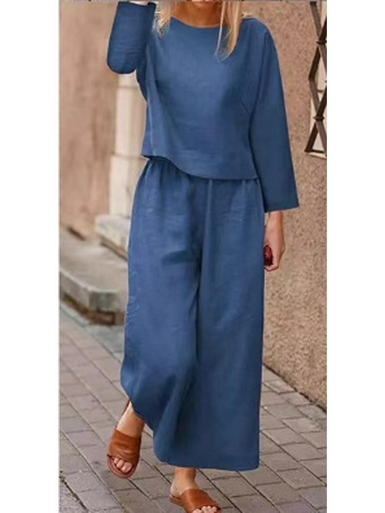 

Европейский и американский женский осенний льняной повседневный свободный однотонный костюм-двойка 4XL темно-синий