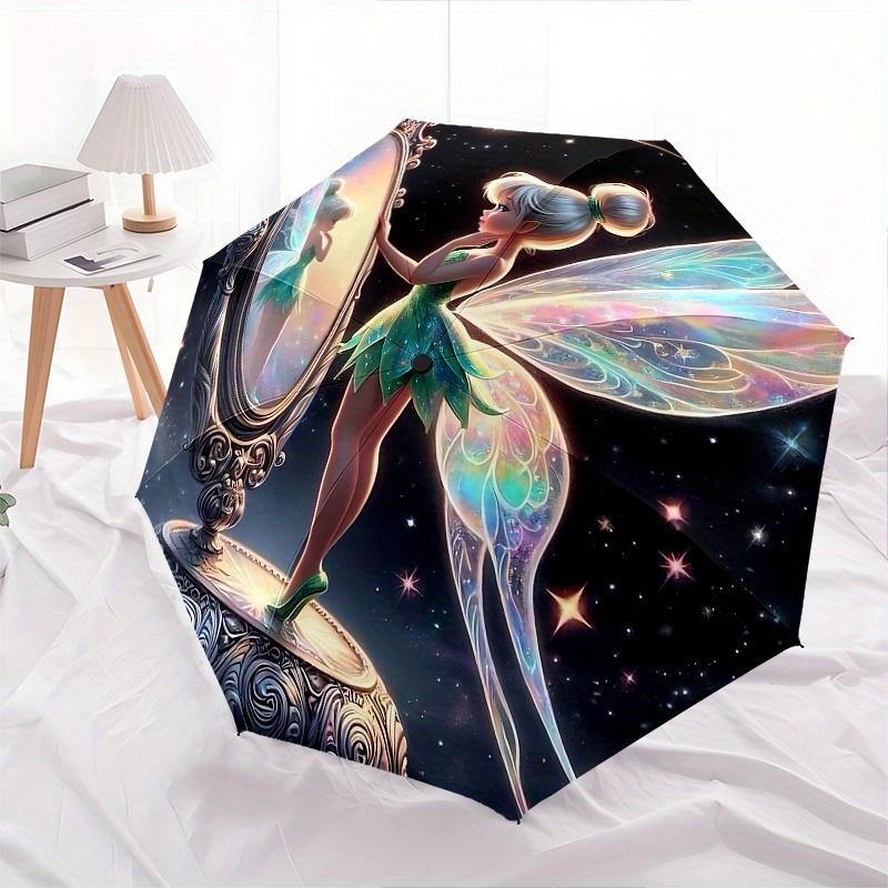 Disney Tinker Bell Reflection Automatic Open/Close Umbrella - Cute Umbrella with Cute Design, Portable 3-Fold Compact Umbrella for Men & Wom