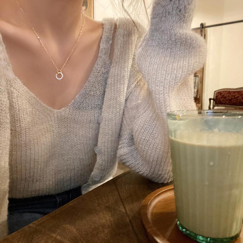 1 Pcs Geometric Titanium Steel Necklace with Rhinestone Double Rings Clavicle Chain Gift Women's Girls' Elegant Accessories